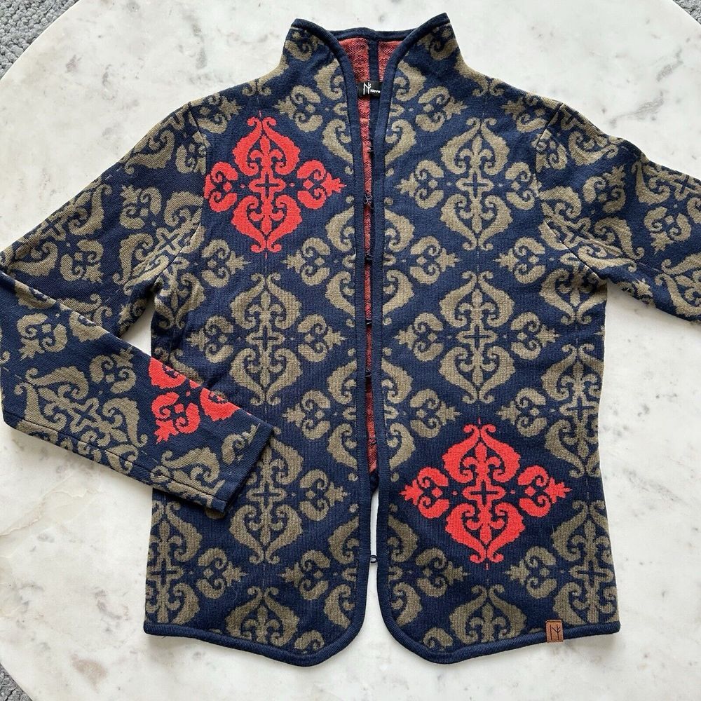 NEVE 100% Wool Floral Cardigan Sweater Women's M Fleur de Lis Navy Red Green - Picture 10 of 10